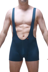 Dark blue form-fitting athletic singlet with wide shoulder straps and central front seam bodyboxer aunou blue