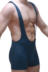Dark blue form-fitting wrestling singlet with wide shoulder straps and cutout design by bodyboxer aunou blue