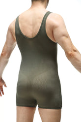 Olive green mesh athletic one-piece with racerback design from bodyboxer bee green shown from the back side