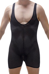 Bodyboxer Durtol black mesh singlet with tight-fitting form-hugging design and subtle white dot pattern