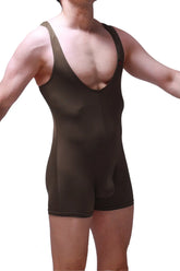 Black Bodyboxer Malay Olive one-piece athletic suit with wide straps and deep v-neckline in form-fitting fabric