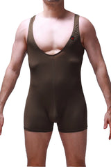 Brown form-fitting one-piece athletic wear with thin straps and deep scoop neckline bodyboxer malay olive