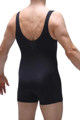 Black bodyboxer malay plum one-piece athletic wear with wide straps and deep back cut shown from the back side