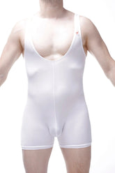 White form-fitting men’s bodysuit bodyboxer malay plum with scoop neckline and briefs-style legs