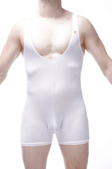 White form-fitting men’s bodysuit bodyboxer malay plum with scoop neckline and briefs-style legs
