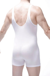 White bodyboxer malay plum singlet with seamless construction and deep back cutout shown from the back side