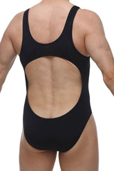 Black one-piece swimsuit with large circular back cutout shown from back in petitq bodybrief open black petitq