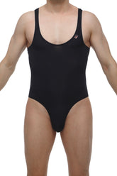 Black petitq bodybrief open one-piece swimsuit with thin shoulder straps and small logo on upper left chest