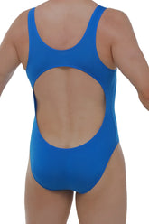 Bright blue Bodybrief Nexon one-piece swimsuit made of stretchy fabric shown from back with circular cutout