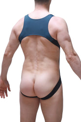 Bodyjockstrap perrel blue sleek dark teal one-piece swimsuit with black trim and racerback design shown from back side