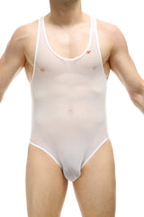 White sheer mesh one-piece swimsuit bodyjockstrap perruel net white with white trim and small red logo on chest