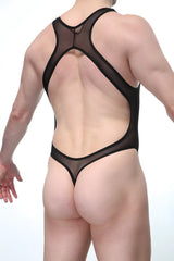 Back view of bodystring abos black black mesh one-piece swimsuit with cutout back design