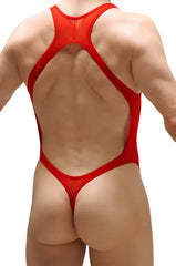 Red bodystring abos one-piece swimsuit with racerback design and thong bottom shown from the back
