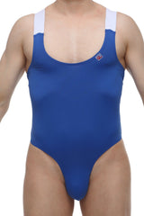 Bodythong Lansost blue one-piece swimsuit with white shoulder straps and a small red logo on the upper left side