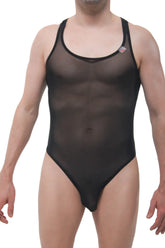 Black sheer mesh one-piece swimsuit with black trim bodystring net black shown from the back side