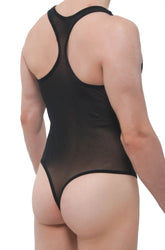 Black sheer mesh one-piece swimsuit bodystring net black with racerback design and high-cut leg openings back view