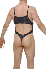 Black lace bodysuit with thin straps and cutout back design in navy material perfect for stylish layering