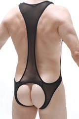 Back side of black sheer mesh bodysuit antry net with a backless design and buttocks cutout