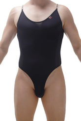 Bodysuit bevans black one-piece swimsuit with thin chain straps and small orange logo on upper left side