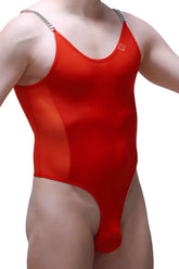 Bodysuit Bevans red one-piece swimsuit with silver chain straps and small red logo on the chest