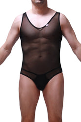 Black sheer mesh one-piece swimsuit bodysuit bolver black with black trim and small chest logo