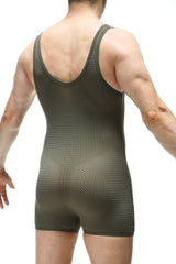 Olive green mesh athletic one-piece with racerback design from bodyboxer bee green shown from the back side