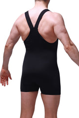 Black petitq bodysuit boxer ondel with wide shoulder straps and backless design in form fitting athletic fabric