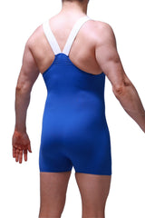 Blue petitq bodysuit boxer with white cross-back straps showing the back side of the athletic singlet