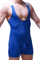 PetitQ bodysuit boxer Ondel blue athletic singlet with white shoulder straps and a small red chest logo