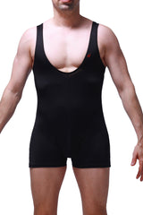Black sleeveless petitq bodysuit boxer linthal with deep scoop neckline and snug fit perfect for athletic use