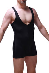 Black sleeveless athletic bodysuit with deep v-neckline and fitted design by petitq linthal for activewear use