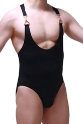Black bodysuit brief tanos one-piece swimsuit with adjustable shoulder straps and rose gold triangular metal clasps