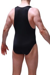Black sleeveless bodysuit brief tanos with high-cut leg design and racerback style in stretchy fabric