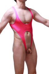Bodysuit caussol bee pink vibrant pink mesh one-piece swimsuit with plunging neckline and open crotch design