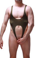 Olive green one-piece bodysuit caussol with midsection cutout and thin shoulder straps for stylish swimwear look