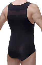 Back view of herly black sleeveless bodysuit featuring sheer mesh panel on upper back in soft fabric