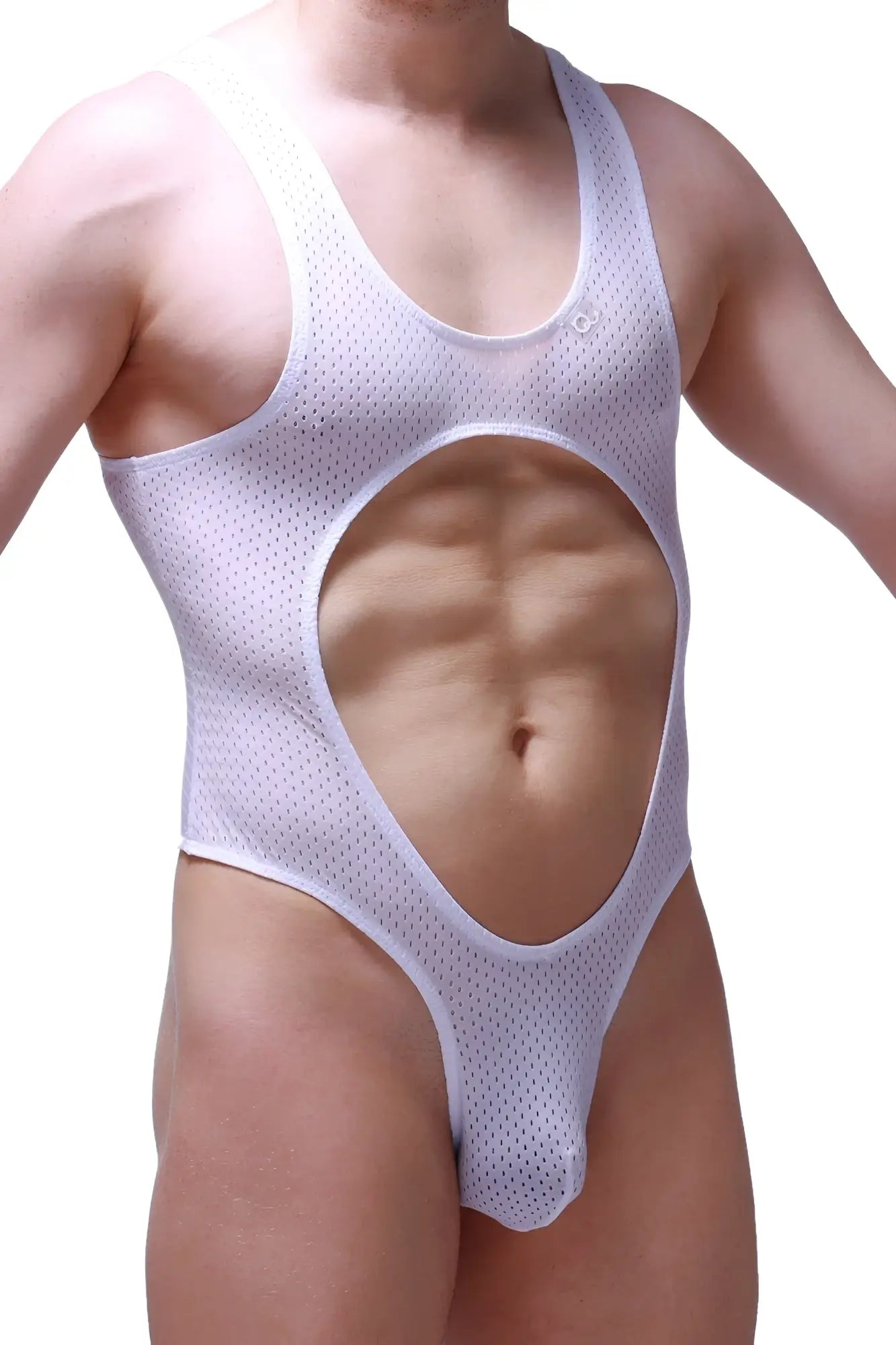White mesh one-piece swimsuit bodysuit lerzy bee white with large cutout at the abdomen