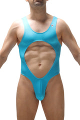 A vibrant turquoise one-piece swimsuit bodysuit lerzy featuring a distinctive torso cutout design for stylish wear