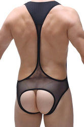 Black mesh bodysuit open net with cutout design showcasing a stylish and breathable fit