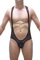 Black mesh men’s suspenders briefs bodysuit open net black sheer form-fitting design front view