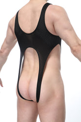 Black mesh petitq bodysuit caussol bee one-piece swimsuit with cutout back and side panels shown from back side