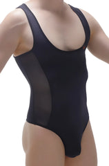 Black bodysuit raix one-piece swimsuit with sheer mesh side panels for a stylish beach or pool look