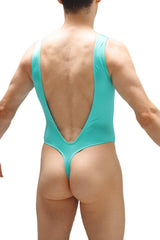 Teal bodysuit soyons joe green one-piece swimsuit with deep back cutout and thong-style bottom shown from the back