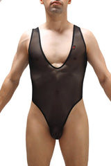 Black sheer mesh one-piece swimsuit with black trim bodysuit soyons net black front view