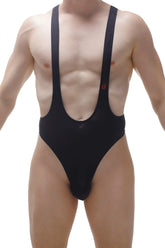 Black bodysuit thong gonzac with wide shoulder straps and deep v-neckline made of smooth fabric for stylish wear