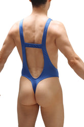 Blue bodysuit thong gonzac joe with cutout back and thin straps in a one-piece swimsuit style