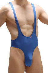 Blue satin bodysuit thong gonzac joe with wide shoulder straps and deep cut in front