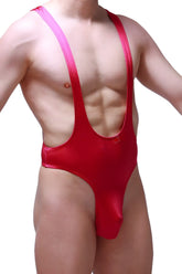 Red metallic bodysuit thong gonzac joe framboise with pink shoulder straps in a one-piece swimsuit design