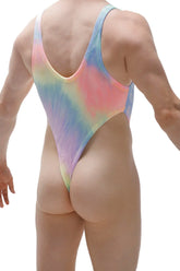 Bodysuit thong Gonzac Matala vibrant tie-dye one-piece swimsuit in pastel pink blue and yellow for beachwear