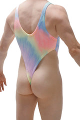 Bodysuit thong Gonzac Matala vibrant tie-dye one-piece swimsuit in pastel pink blue and yellow for beachwear
